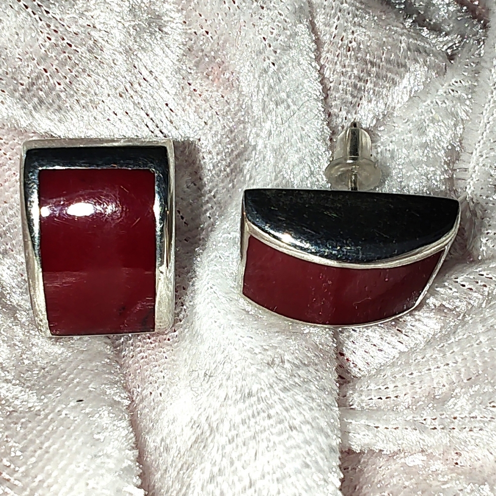 Vintage 925 Silver And Red stone (jasper ?) Post Earrings